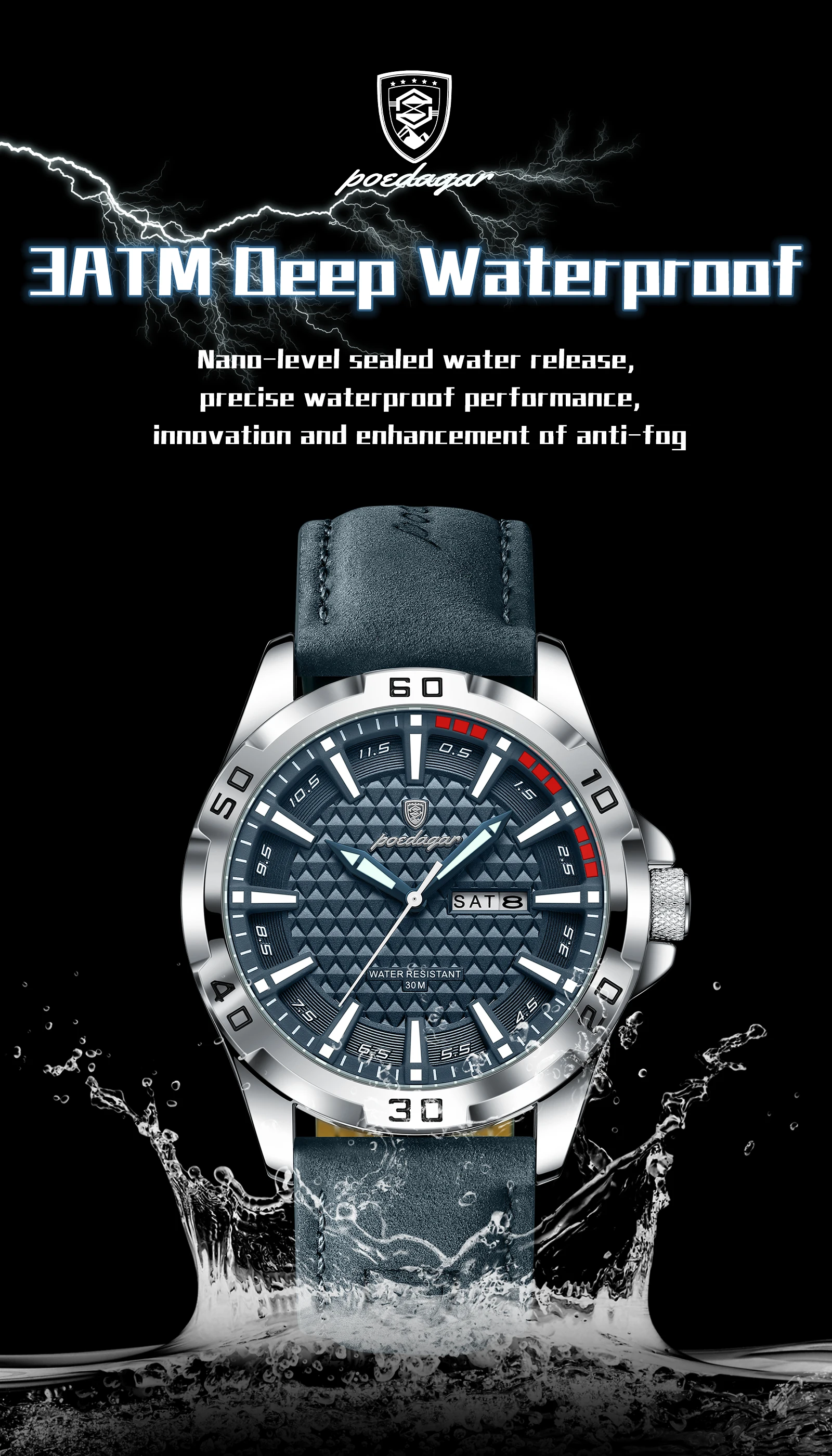 POEDAGAR Original Männer Uhr Luxus Wasserdicht Leucht Datum Woche Uhr Für Mann Quarz Leder Mode herren Uhren Reloj Hombre – Detail 11