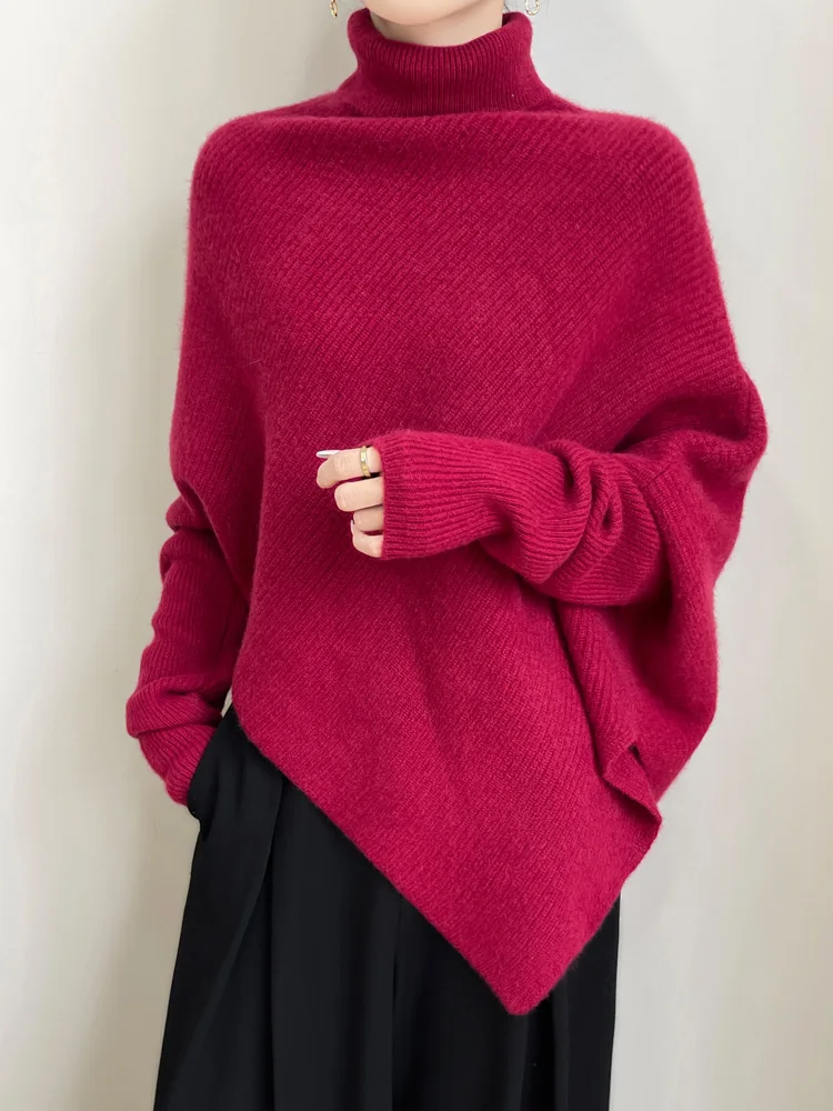 

Office Lady Women's Shawl Pullover Sweater 100% Merino Wool Irregular Pullover Knit Bohemia Poncho Stole Versatile Autumn Winter