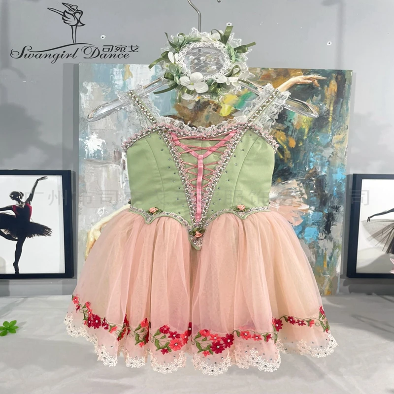 Zielono-różowa profesjonalna baletowa romantyczna sukienka dla dziewcząt baletnica BT4381