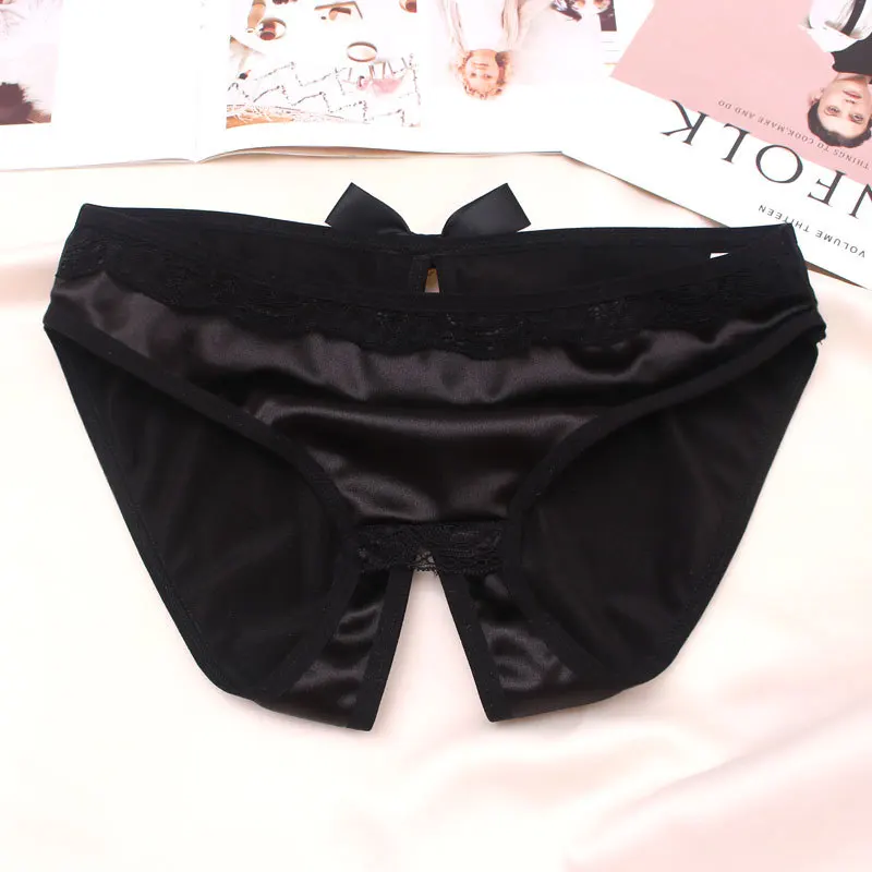 Open Crotch Underwear Women Sex Panties Low Rise Briefs Luxury Satin Silky Smooth Underpants Ladies Hollow Out Erotic Lingerie