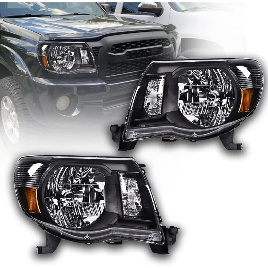 

Headlight Assembly Compatible with Tacoma Chrome Headlamp Lamps Left+Right 2005 2006 2007 2008 2009 2010 2011 Clear lens Black