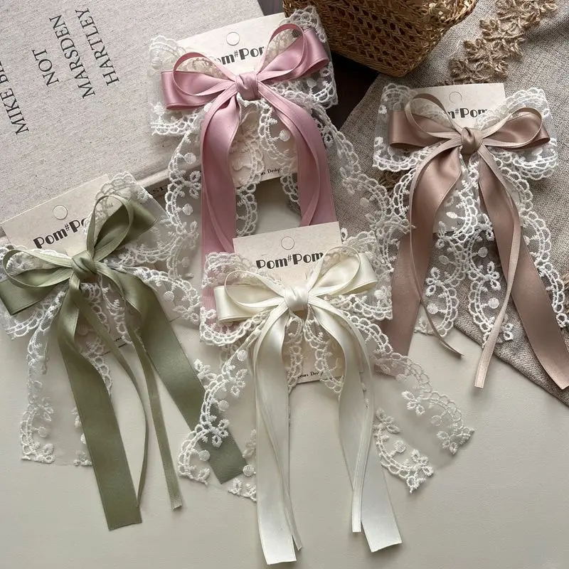 New Lace Long Streamer Bow Children's Hairpin Girl Head Top Clip Princess Versatile Hair Accessories