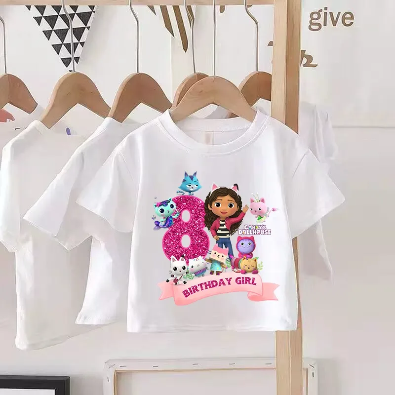 

Футболка Gabby Dollhouse для детей от 1 до 9 лет, топы для дня рождения, летняя крутая одежда, с короткими рукавами и графическим принтом в стиле аниме