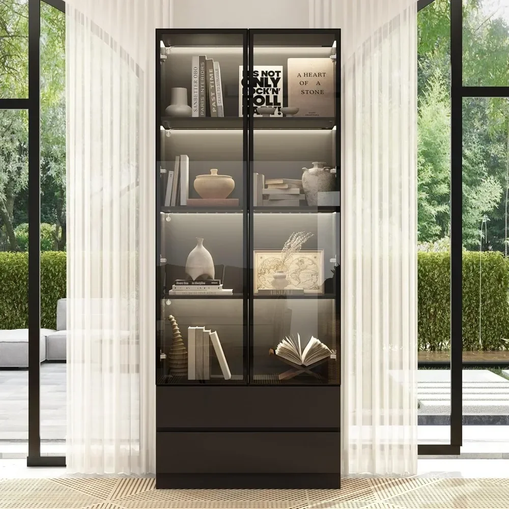 

Glass Door Cabinet with Lights and 4 Storage Shelves, Tall Modern Display Storage Organizer with 2 Drawers and 2 Doors