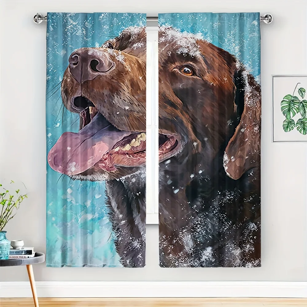 2pcs Artistic Dog Portrait Curtain No Rod — Textured Brown Canine Figure with Frosty Accents on Cool Blue, Contemporary
