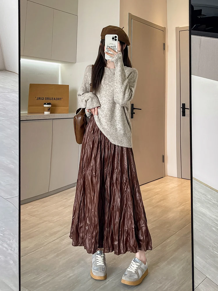 

Wrinkled Midi Women's Autumn Winter Brown Leather 2024 New Style Stylish And High-End Long Black A-Line Skirt