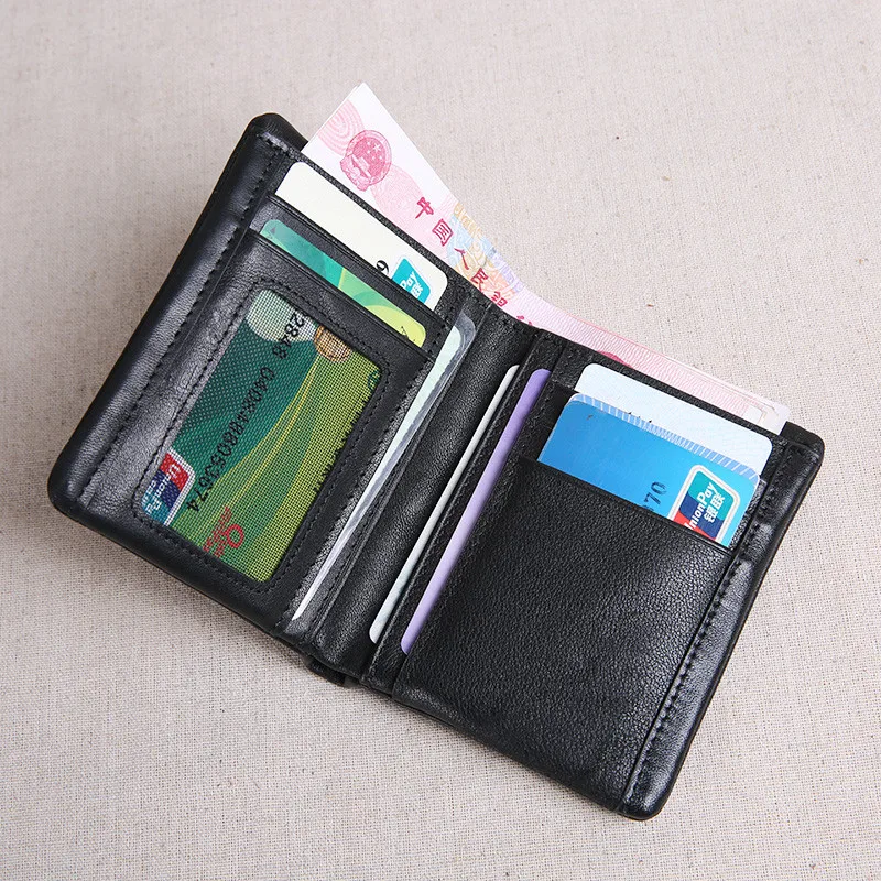 Genuine leather wallet men's short section tide personality youth soft first layer cowhide black ID credit card holder purse