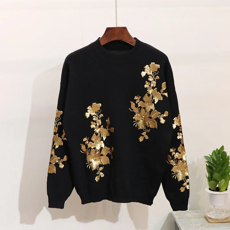 Spring Autumn Flower Embroidery Knit Sweaters Black Set Female Casual Tracksuits 2pcs Pullover Tops Harem Pants Two Pieces Set