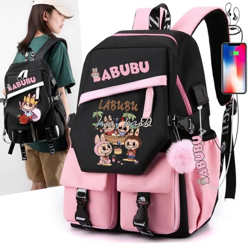 Hot Labubu Students Backpacks Teenagers Girls Boys Waterproof Shoulder Travel Bag Oxford Women School Bags Bookbag Pink Black