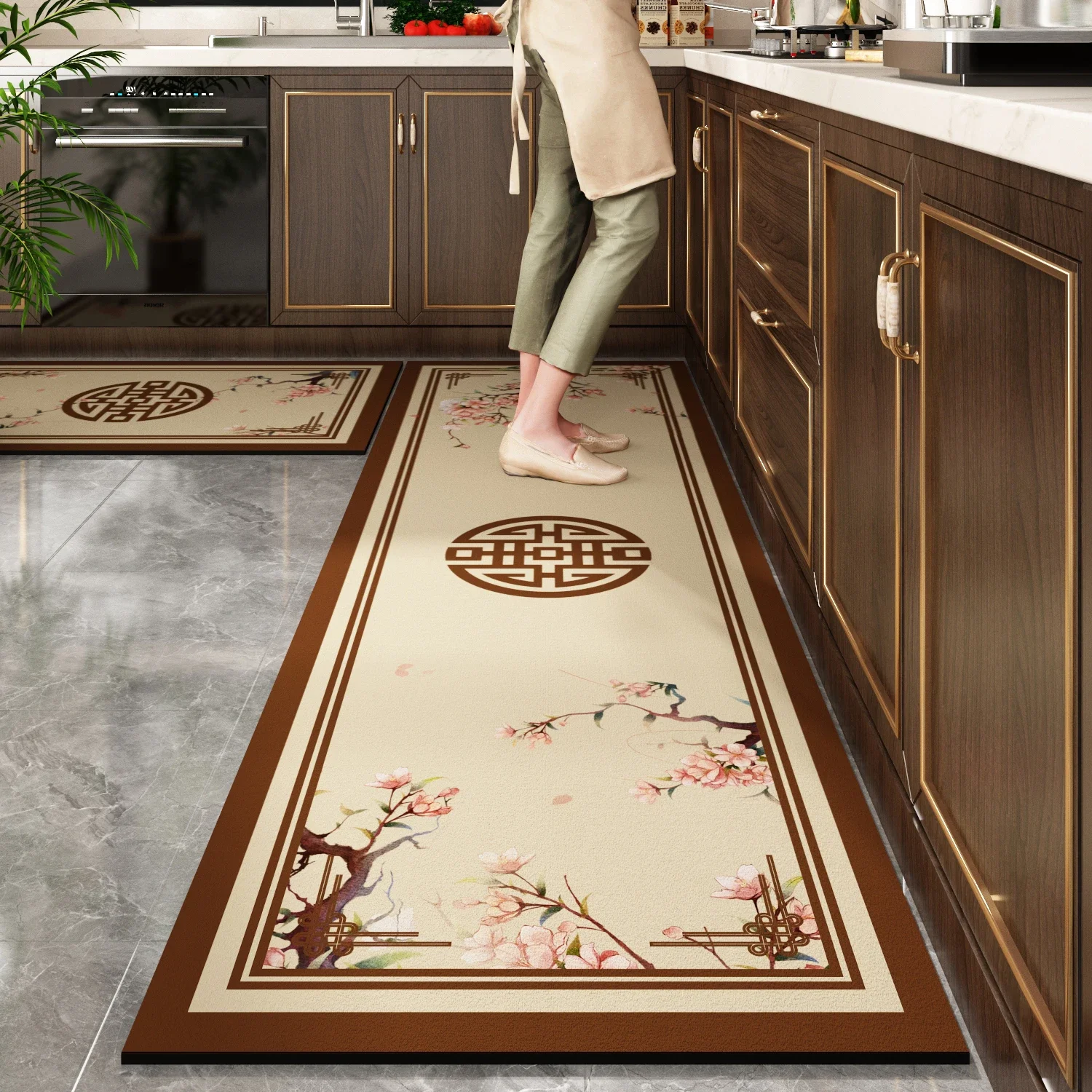 Chinese Style Kitchen Rug Waterproof Non-slip Carpet Flower Bird Pattern PVC Long Rugs Retro Ethnic Style Home Decor Floor Mat