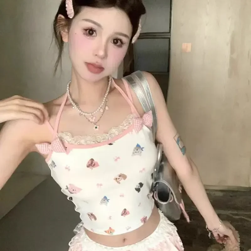 قطع علوية قصيرة ملابس نسائية دبابات حلوة 2025 Ropa Mujer تونك بدون أكمام صيفي كاميس بفيونكة مرقعة دانتيل طباعة سترة Y2k مثيرة لطيفة