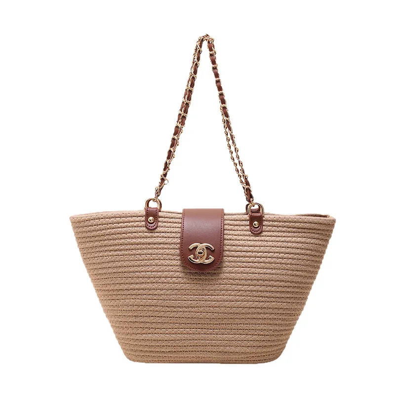 Vegetable basket straw woven bag women's 2026 new summer versatile woven chain shoulder bag large capacity tote bag image 5