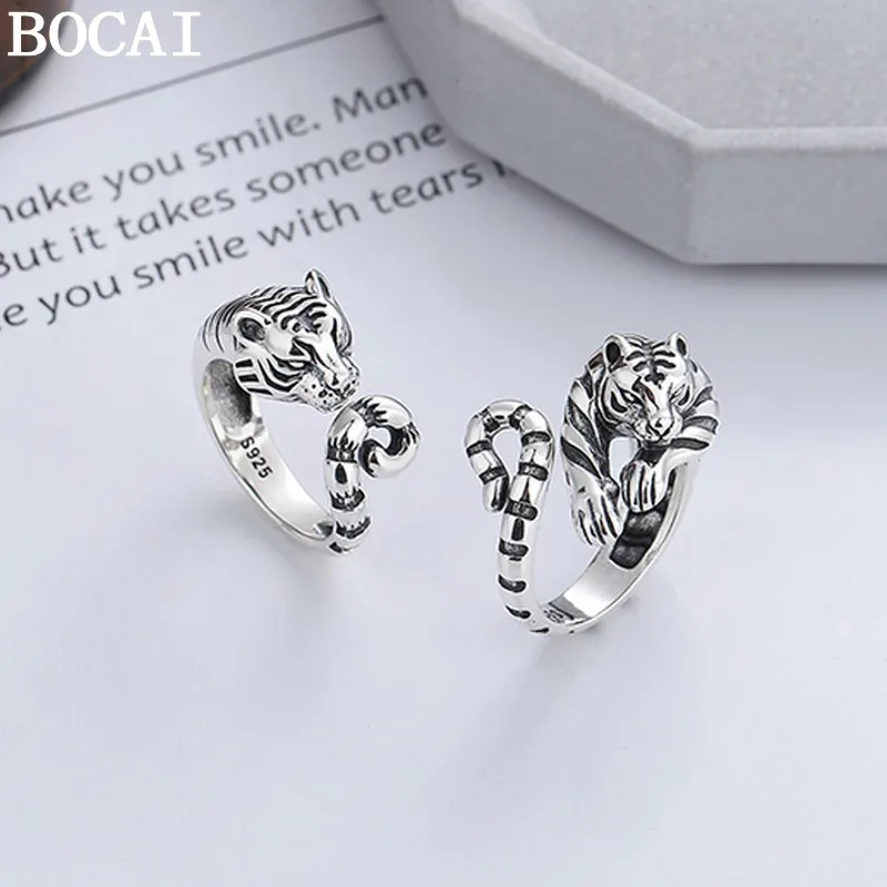 BOCAI S925 Sterling Silver Rings New Fashion Chinese Year of Tiger Adjustable Solid Argentum Viking Punk Jewelry for Men Women