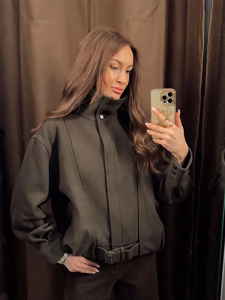 HH 2025 New Double Button Stand Collar Jacket Belted Short Top Women Design Sense Outerwear Fashion Casual Ladies Autumn Wear