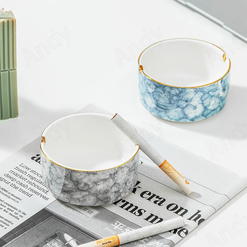 European Ceramic Ashtray Golden Stroke Office Desktop Ashtrays Marble Texture Decorative Living Room Ash Tray Home Decoration