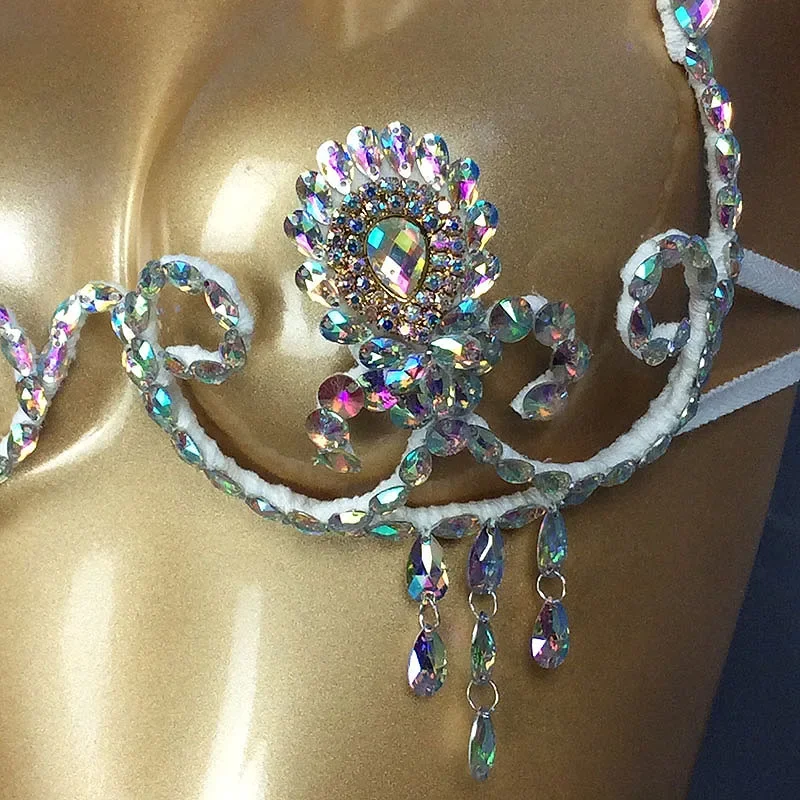 Sexy Belly dancing Wire Rainbow Stone Bra Crystal bikini Samba Carnival Bra Performance Wear Rave Outfit