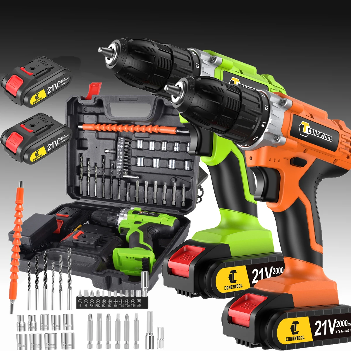 CONENTOOL21V 36-in-1-Akku-Bohrschrauber-/Schraubendreher-Set, ausgestattet mit zwei 2000-mAh-Batterien, leistungsstarkem Drehmoment von 45 N·m und LED-Licht
