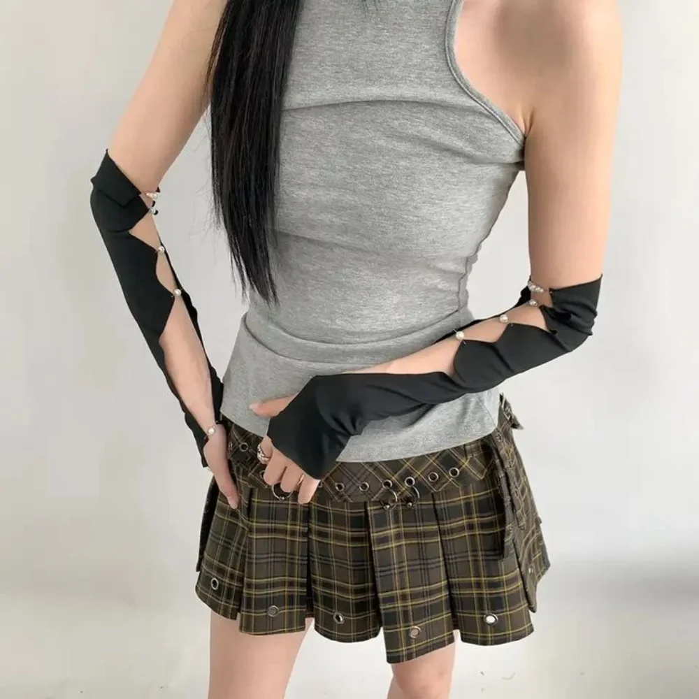 UV Protection Cool Black Punk Arm Sleeves Thin Y2K Pearl Half Finger Arm Cover Leg Socks Springy Hollowed Calf Sleeve Girls