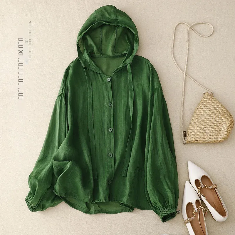 หมวกผ้าฝ้ายลินินสำหรับผู้หญิง ป้องกันแสงแดด เสื้อคลุมฤดูร้อนบางเบา ใส่ไปชายหาด ใส่ในห้องแอร์ ทรงหลวม แขนยาว