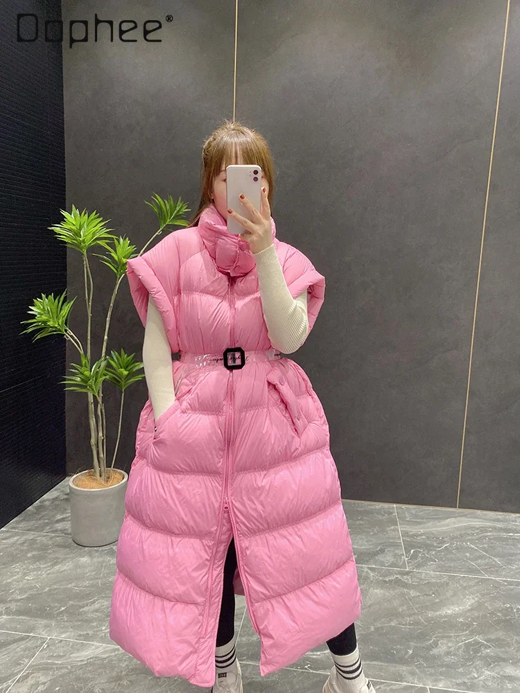 2024 Winter New Pink Long Down Vest Women Loose with Belt Batwing Sleeve Stand Collar Straight Down Coat Korean Fashion Outwear