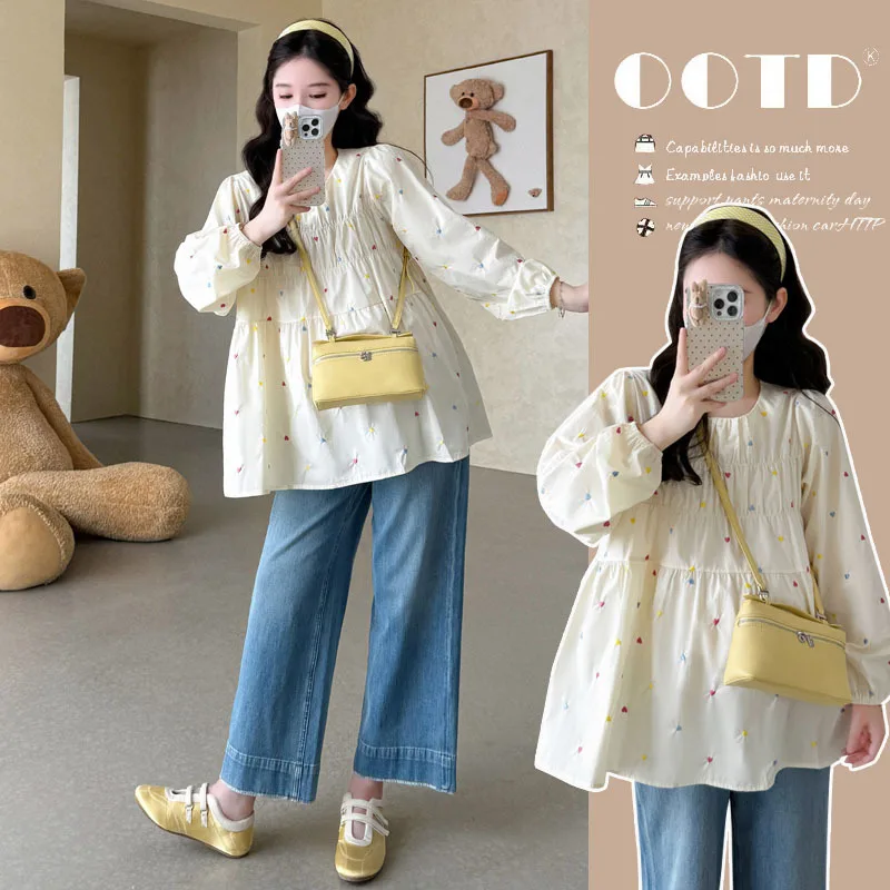 

Korean Style Pregnancy Blouse Autumn Heart Embroidery Long Sleeve Top Youthful Flattering Loose Fit Comfortable Maternity Shirt