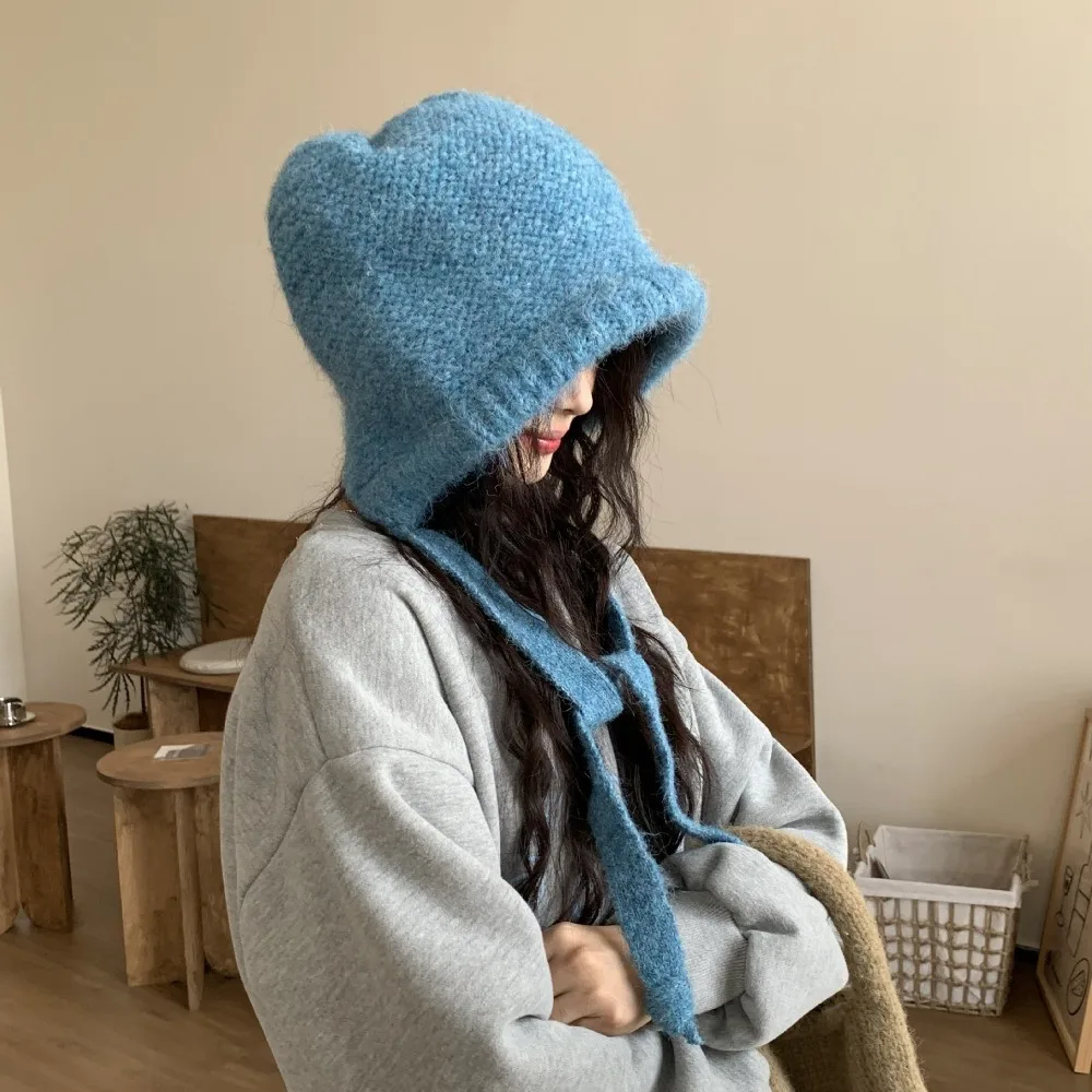 Gorro tejido con protección para los oídos a la moda, correa cálida, cuerda a prueba de viento, bolsa de lana, sombrero, jersey, sombrero para mujer