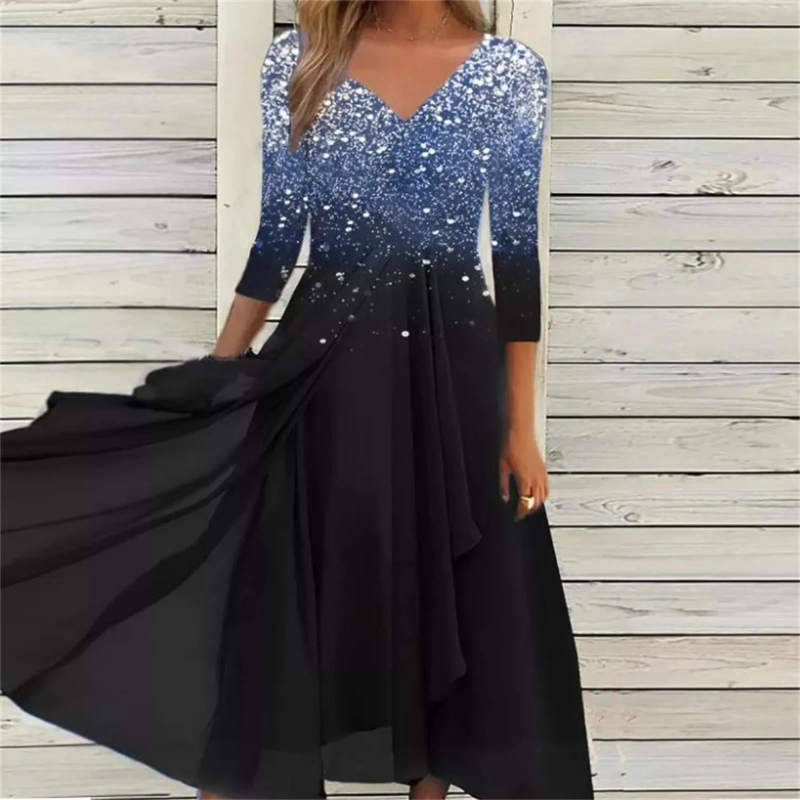 Women Sequin Chiffon Stitching Evening Party Dress Eleegance Long Sleeve V Neck Maxi Dresses Bridesmaid Wedding Pleated Vestidos