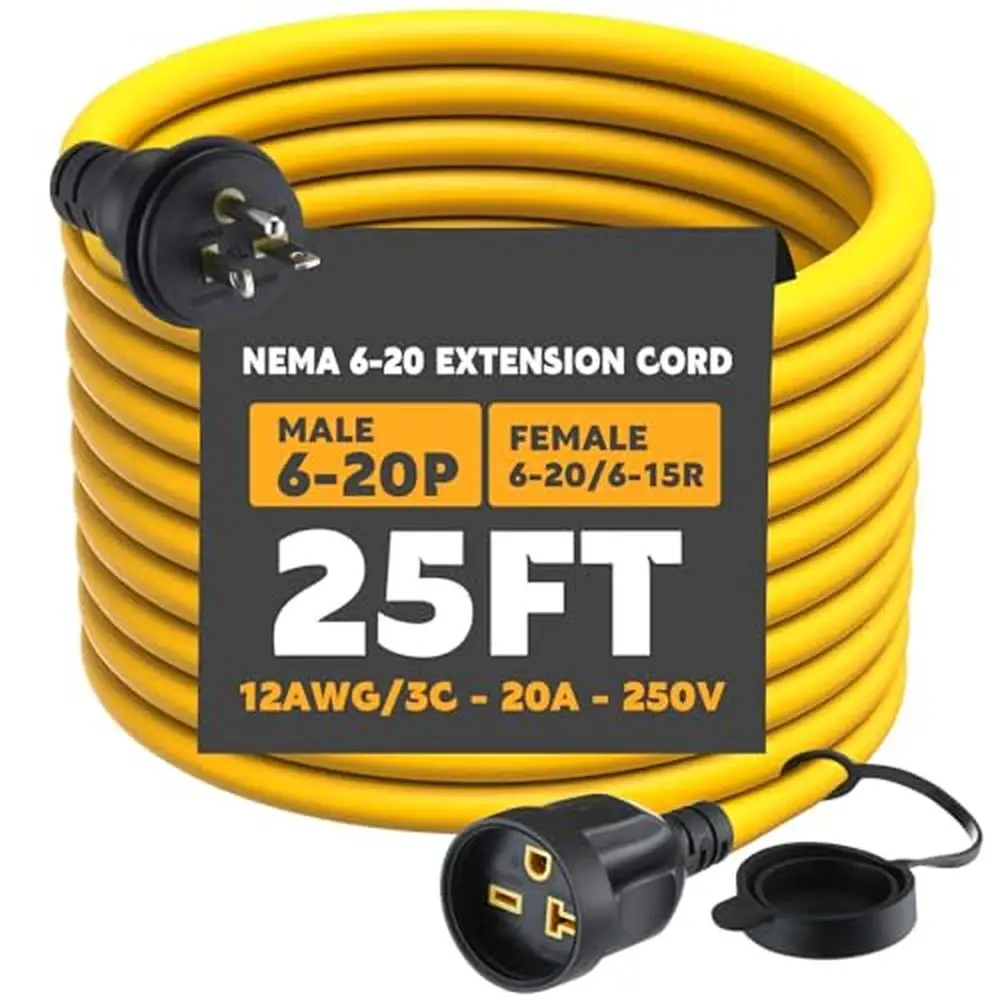 20A NEMA 6-20 Power Extension Cord T-Blade Adapter Female Receptacle 25ft Heavy Duty Plug Cable Outdoor Indoor Yellow Design