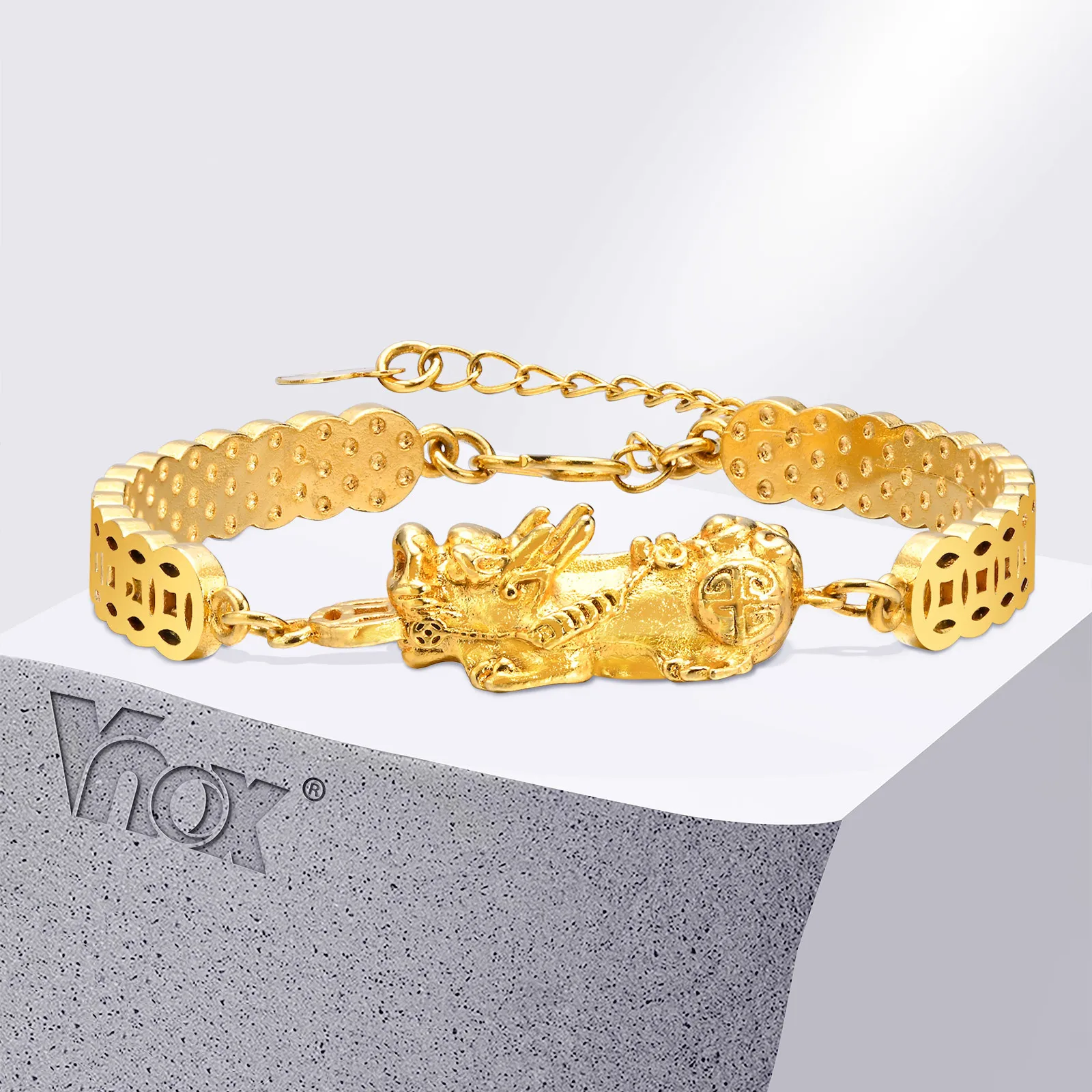 

Vnox Chinese Fengshui Pixiu Bracelets, Gold Color Solid Metal Ancient Coin Money Wealth Cuff Bangle, Jewelry Gift