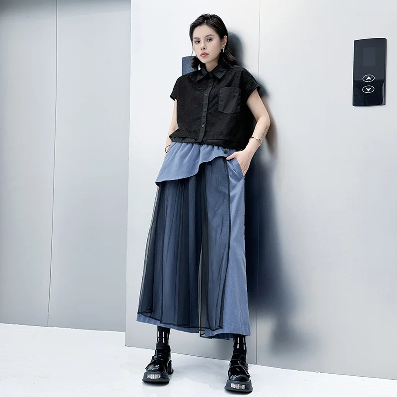 Women Pants Mesh Capris Spliced Ankle Length Empire Elastic Waist Wide Leg Pants Slight Stretch Loose Fit Streetwear 2025 Summer