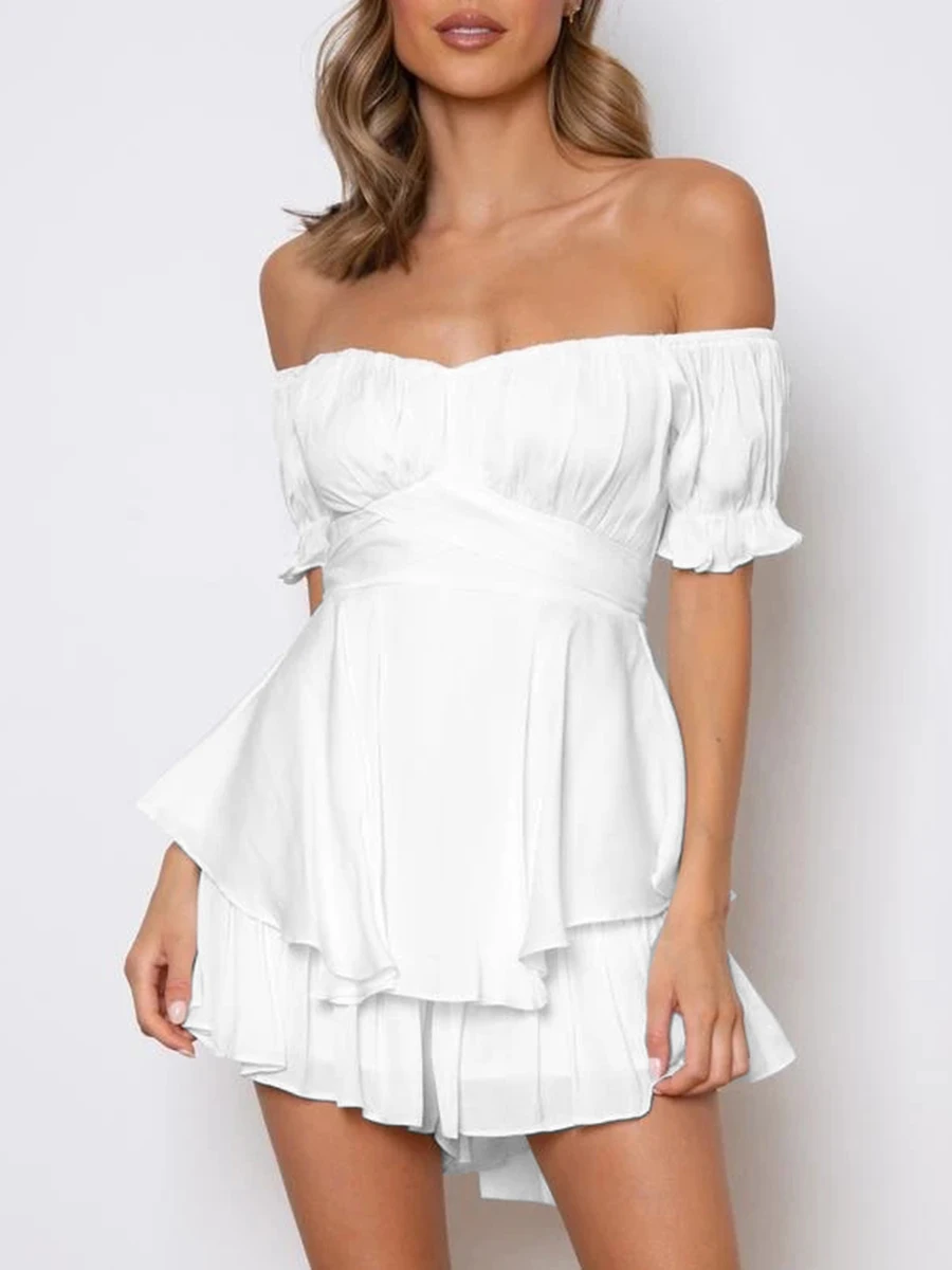 Women's Off Shoulder Mini Dress Puff Sleeve Ruffled A Line Dress Summer Casual Trendy Smocked Cute Beach Dress