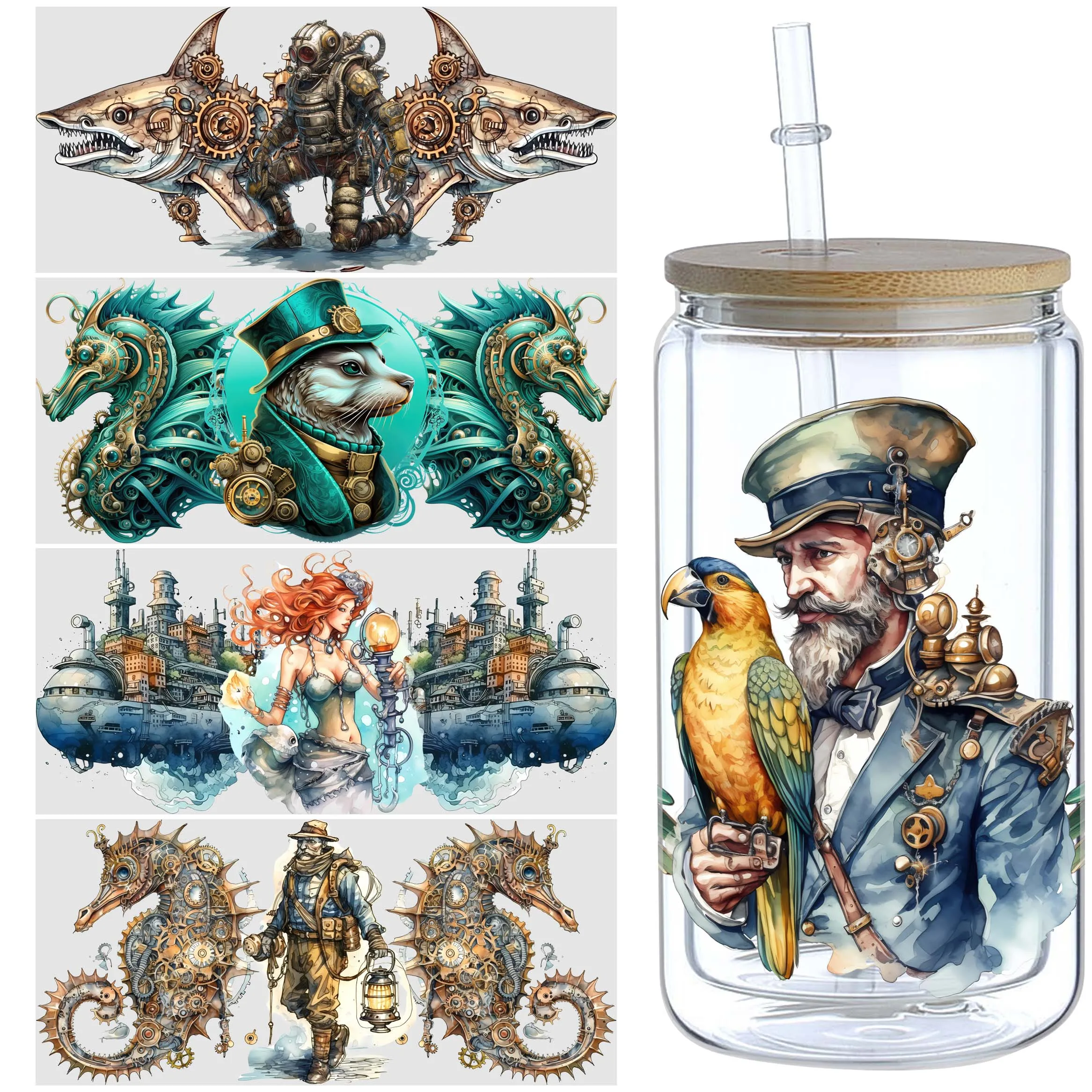 5 sheets Steampunk sea UV DTF cup holder 16 oz, DTF cup holder transfer glass, waterproof stickers, friction transfer stickers
