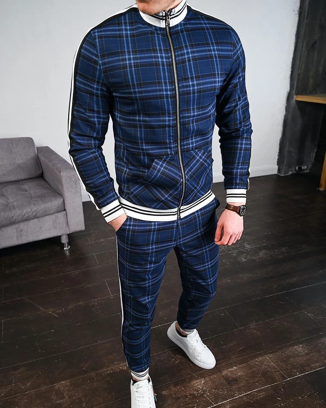 2025 Autumn Men Tracksuit 2pc Set Plaid Zipper Sweatshirt Jacket Long Pants Casual Gym Running Jogging Outfit Fleece Sportswear