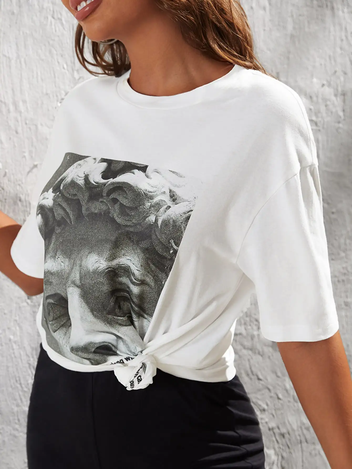 Camiseta de manga corta de algodón con estampado de escultura no definida para mujer, camisetas divertidas con cuello redondo, ropa femenina