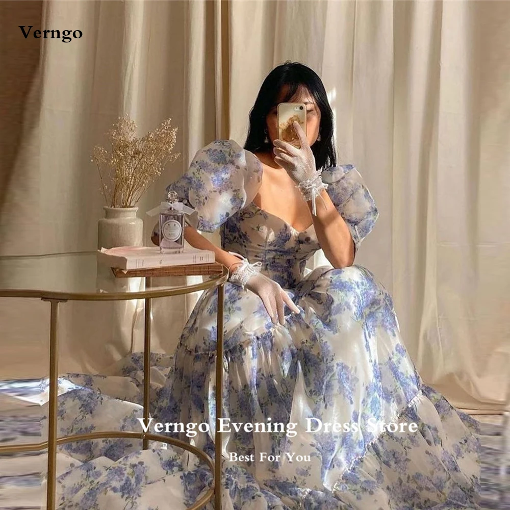 Verngo Vintage Printed Silk Evening Dresses Puff Short Sleeves Tiered Princess Gilrs Formal Party Dress Korea Prom Gowns