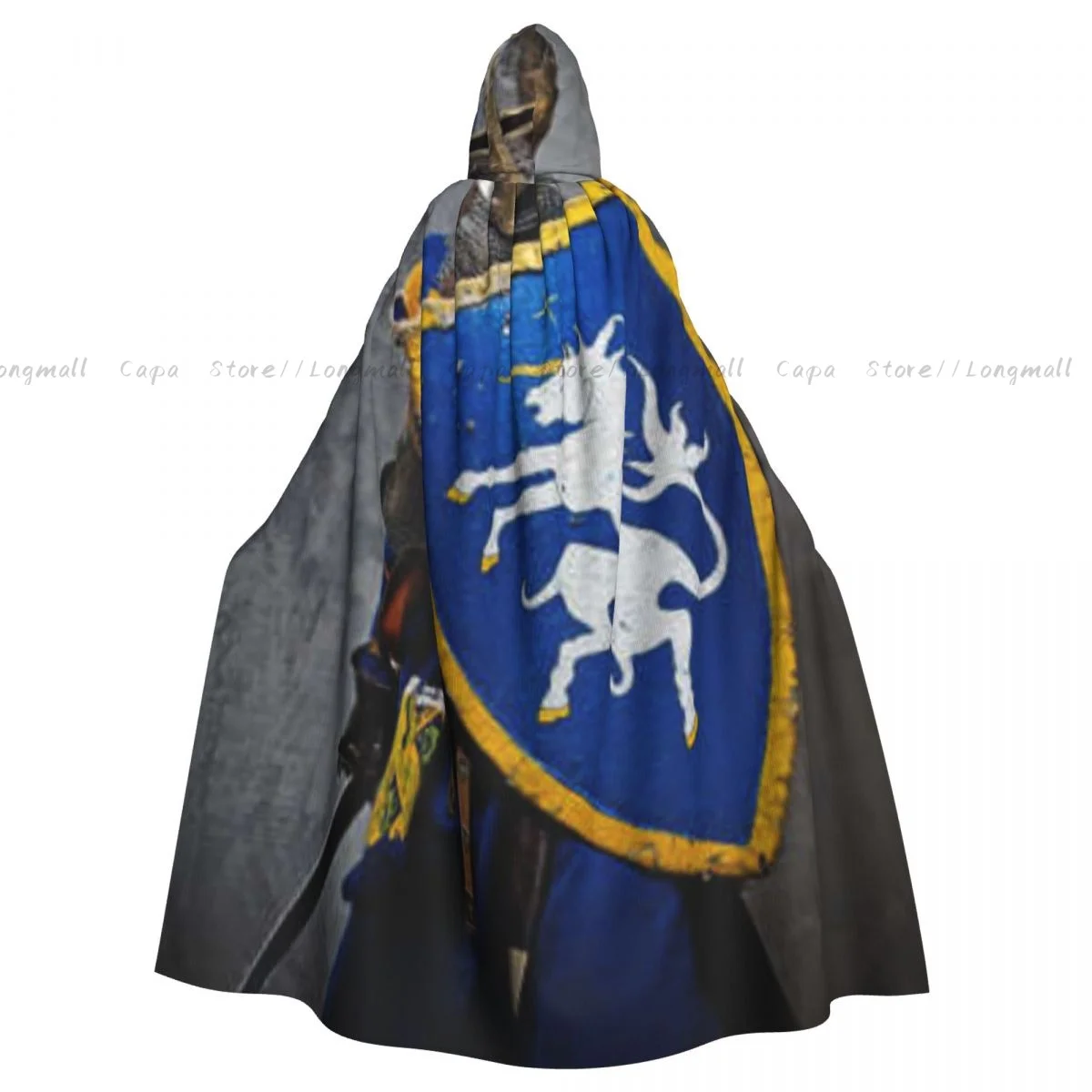 Adult Vampire Cape Hooded Robe Medieval Knight Holding An Aged Old Shield Historical Halloween Cloak Full Length Cosplay