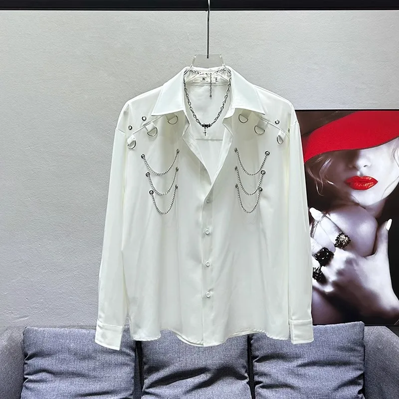 

New Design Metal Chain Decorated Long Sve Loose Casual irt for Men Trendy Haome Stand Fit Breathable All Seasons