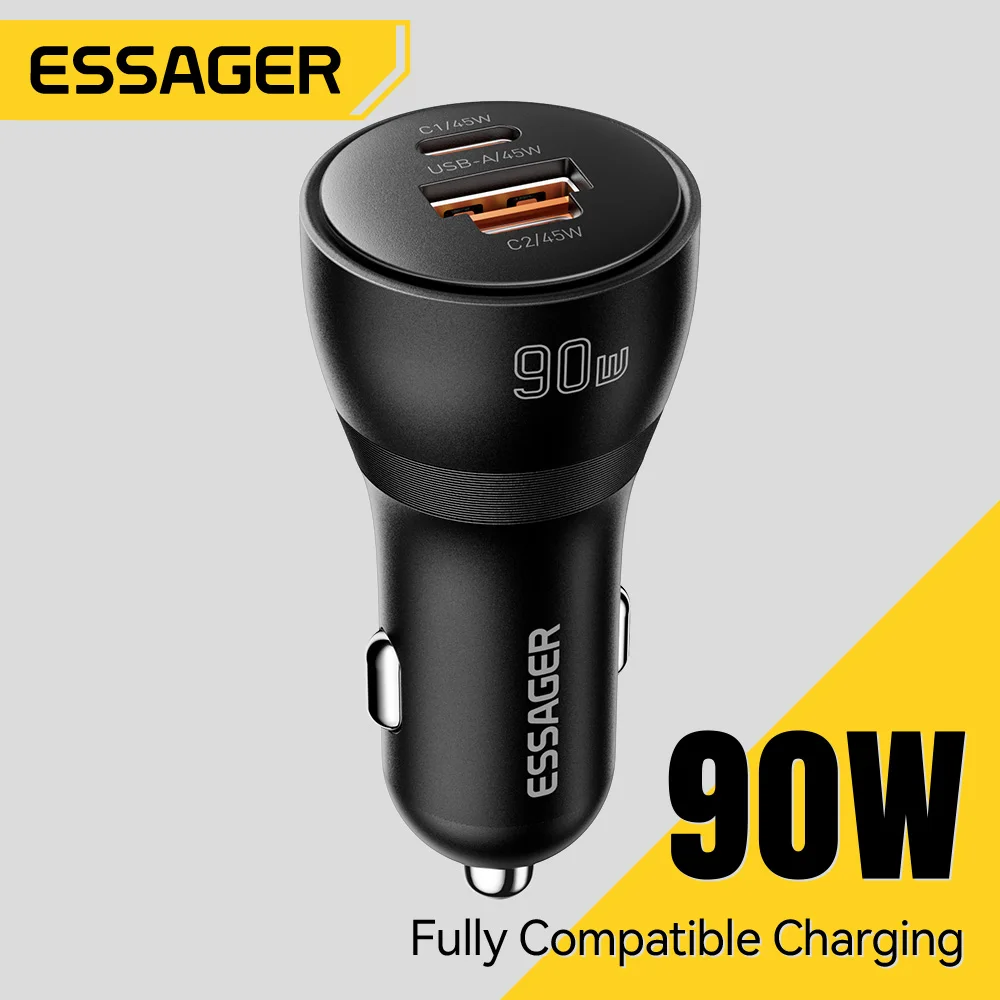 Essager 90W USB Type-C Car Charger Fast Charging 45W PD QC SCP AFC PPS Mini Phone Charger for iPhone 18/17 pro Samsung Xiaomi