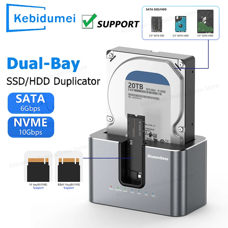 

Dual Bay 2.5"/3.5" SATA HDD SSD Docking Station 10Gbps M.2 NVMe Enclosure Offline Clone Hard Drive Dock for 2.5'' 3.5'' HDD/SDD