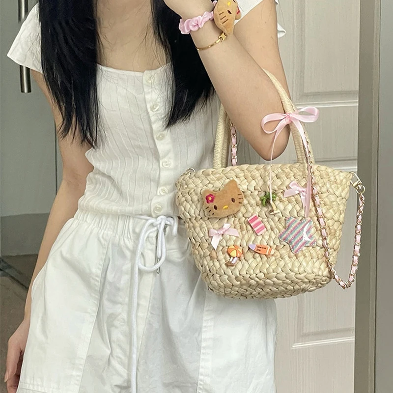 Sanrio Girl Summer Handbag Cute Cat Vegetable Basket Woven Bag Grass Woven Bag