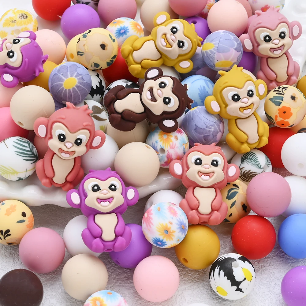 

16Pcs Monkey Round SiliconeBeads Sets Teether Chew Bead For DIY Baby Pacifier Chain Bracelet Jewelry Making Accessories Beads
