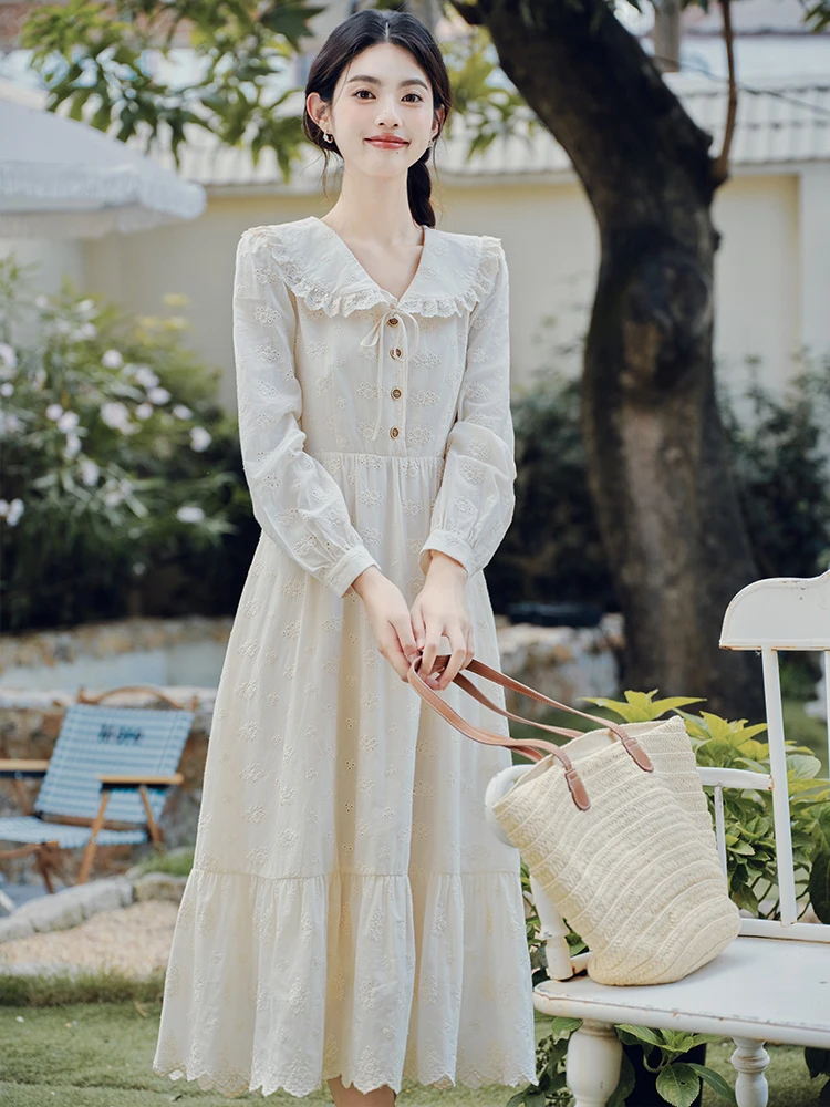 Japan Mori Girl Style Cotton Linen Dress Woman Vintage Cottage Lace Peter Pan Collar Loose Casual Prairie Chic Forest Dresses