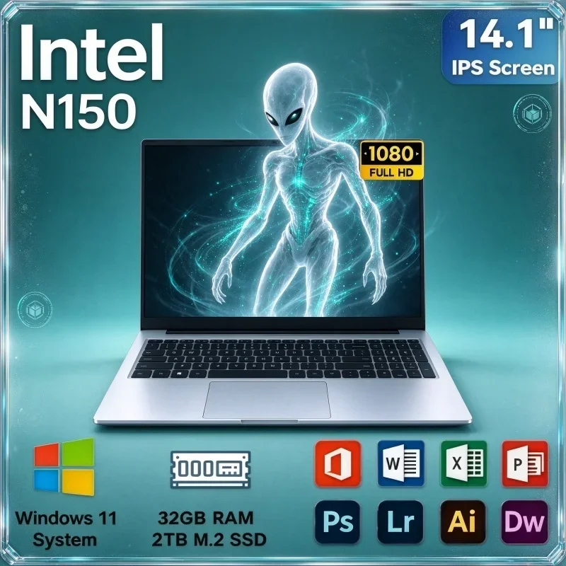 14.1" Ultra Thin Laptop Intel N150 32GB RAM 2TB SSD 1080P Full HD Windows 11 Notebook For Office Work & Internet Surfing