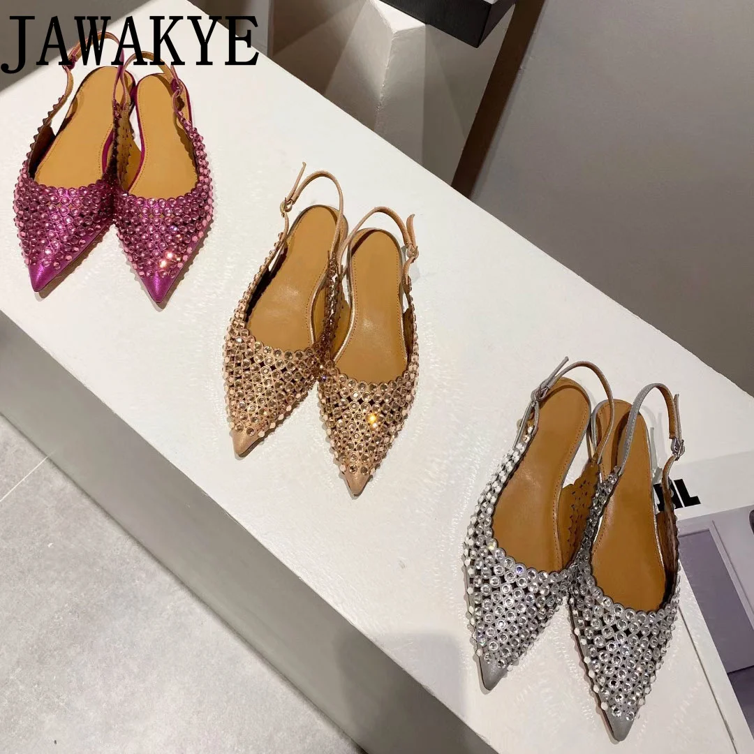 Summer Women Low Heels Luxury Sandals Pointy Toe Ladies Mules Hollow Out Bling Crystal Flats Shoes Slides Women\'s Party Shoes