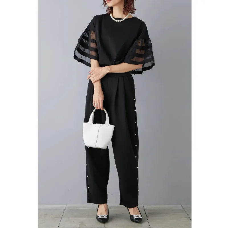 ゆったりとしたレディースファッションセット、フレアスリーブとパッチワークシフォンのトップスとパンツ、9点セット、2024年夏、ラウンドネック半袖