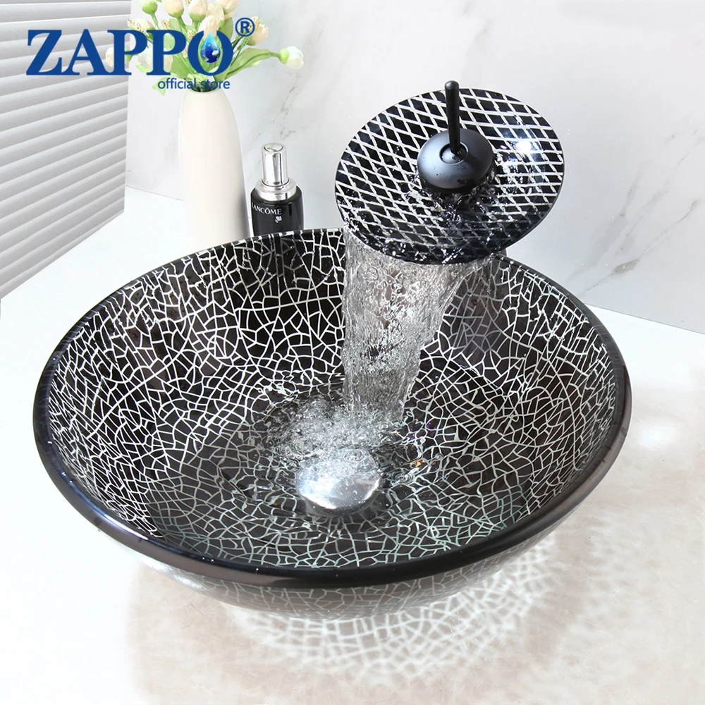 ZAPPO Bathroom Black Art  Washbasin Tempered Glass Vessel Sink Faucet Combo With Waterfall Mixer Deck Mounted Basin Faucets Tap