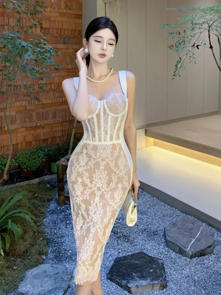 

Sexy Lace Fibone Strap Dr Women's Slim Fit Bodycon Skirt Long Sve mid Length Casual Wear for Autumn And Winter