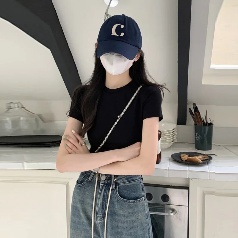 Kaus Lengan Pendek Katun Murni Bahu Depan Musim Semi Musim Panas untuk Wanita dengan Slim Fit dan Slim Inner Bottom T-shirt Top Ins