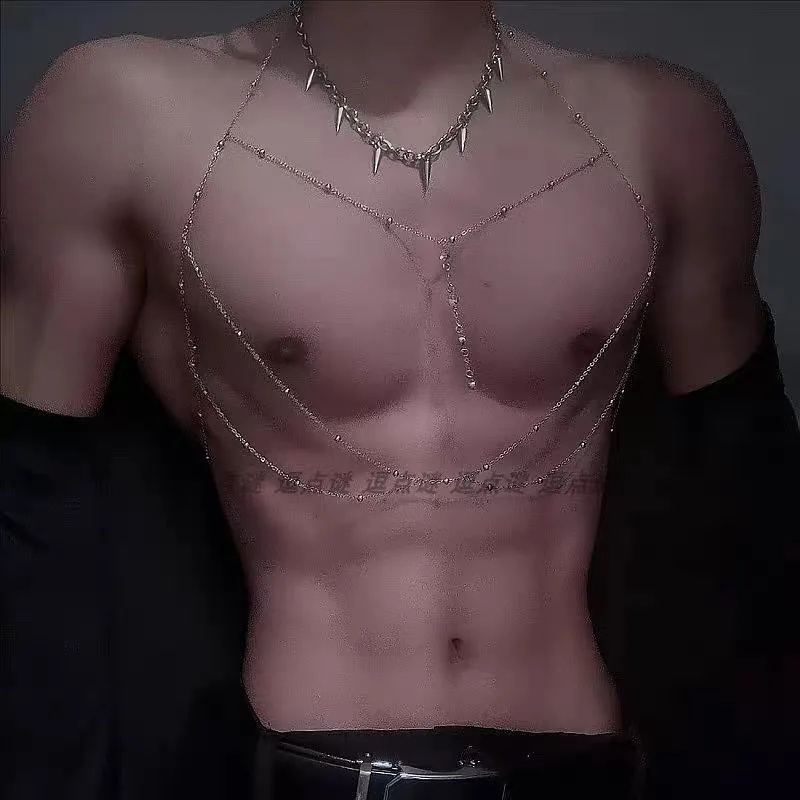 

1116 Men's Sensual Body Chain Set Adjustable Hollow Chest Harness Necklace Punk Metal Decorative Accessories Underwear Role Play