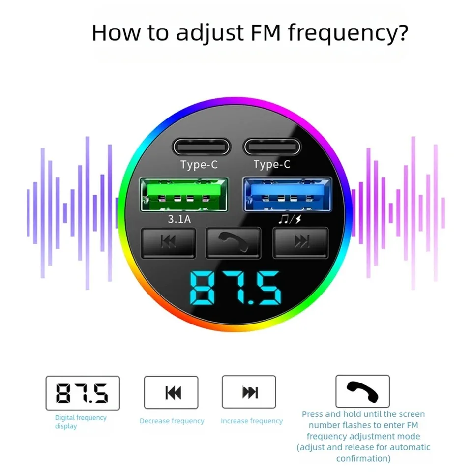 Bluetooth 5.0 FM-Transmitter Auto-Telefonladegerät MP3-Musikplayer Auto-USB-Zigarettenanzünder Multifunktionales Auto-Telefonladegerät – Detail 11